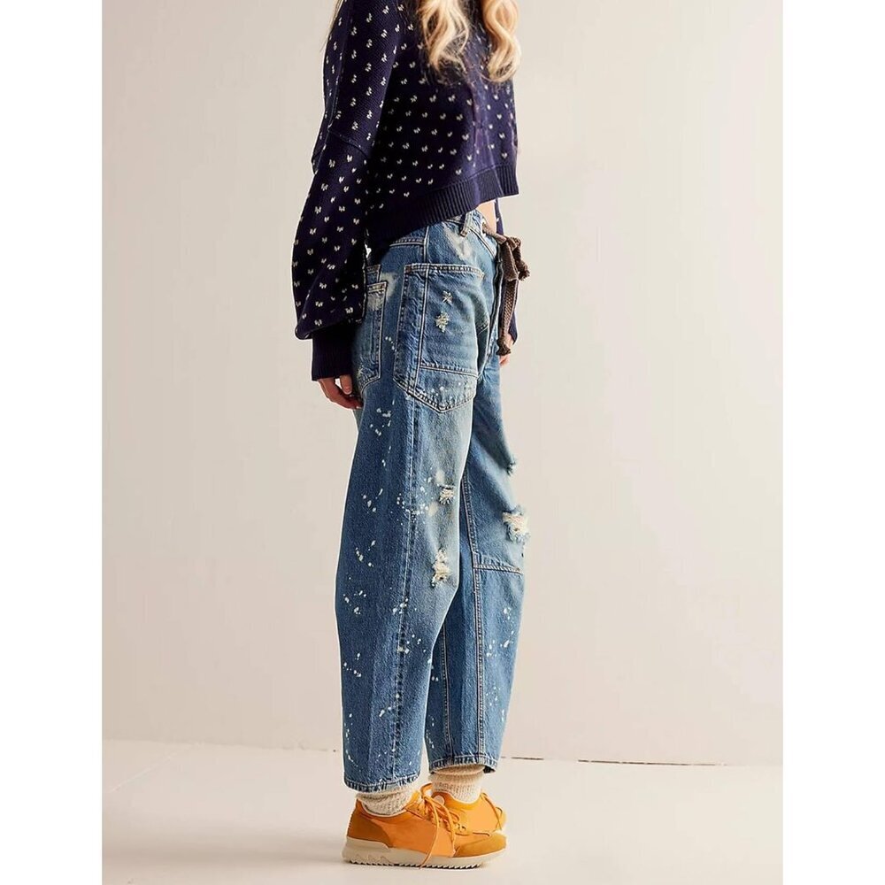 Women Baggy Barrel Jeans Cotton-Polyester Vintage Wide Leg Drawstring - Picture 5 of 6